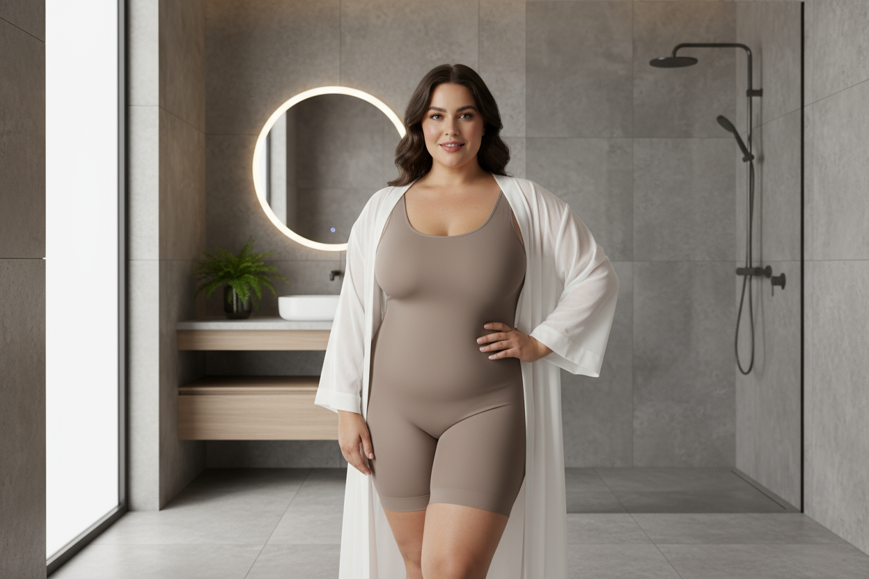 plus size model wearing a tank top style shapewear in a bathroom