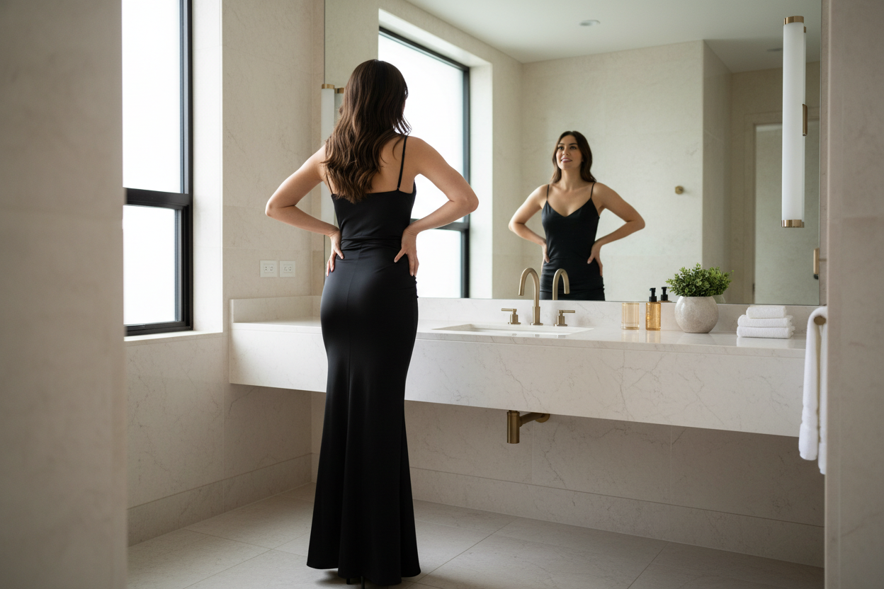 put her looking in a full length bathroom mirror